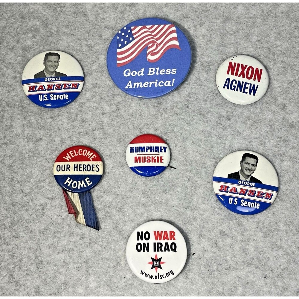 Political Campaign Button 1968 Nixon Agnew President Humphrey Muskie No War Iraq